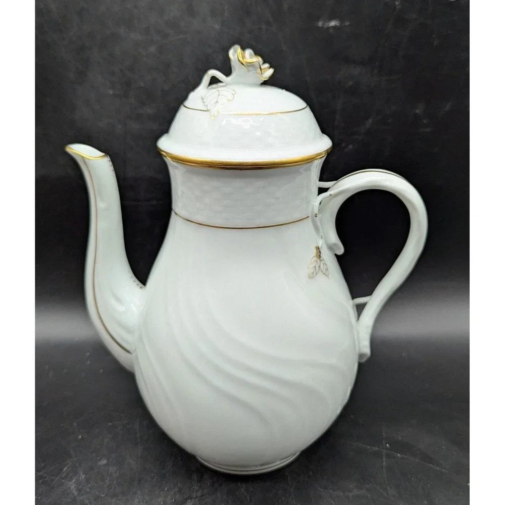 Vintage Herend Porcelain Golden Edge Coffee Tea Pot W Lid Rose Hungarian